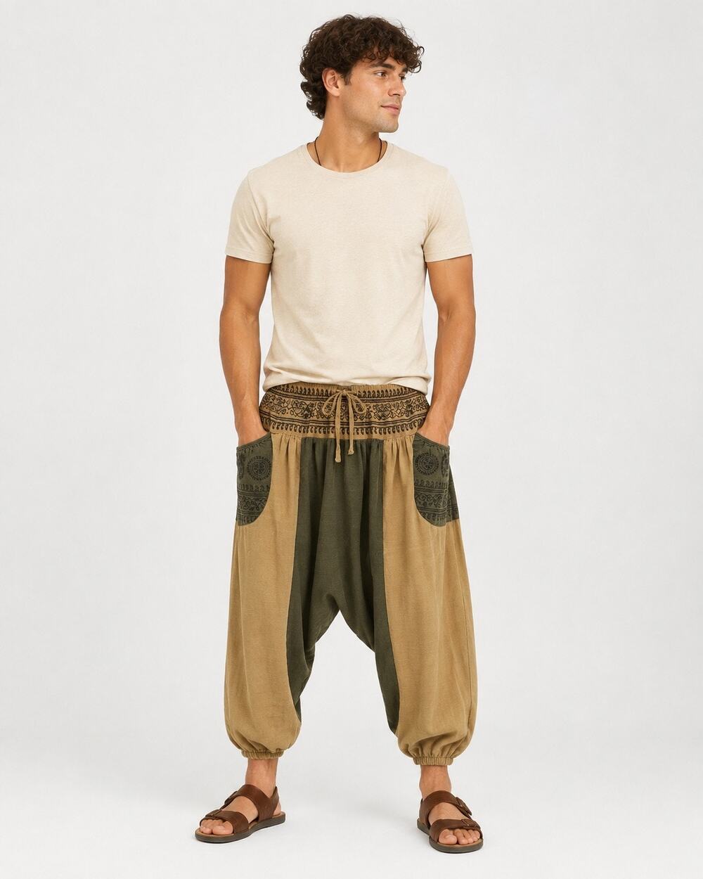 Mens Boho Harem Pants Tan Olive Paisley Drop Crotch Hippie Festival One Size